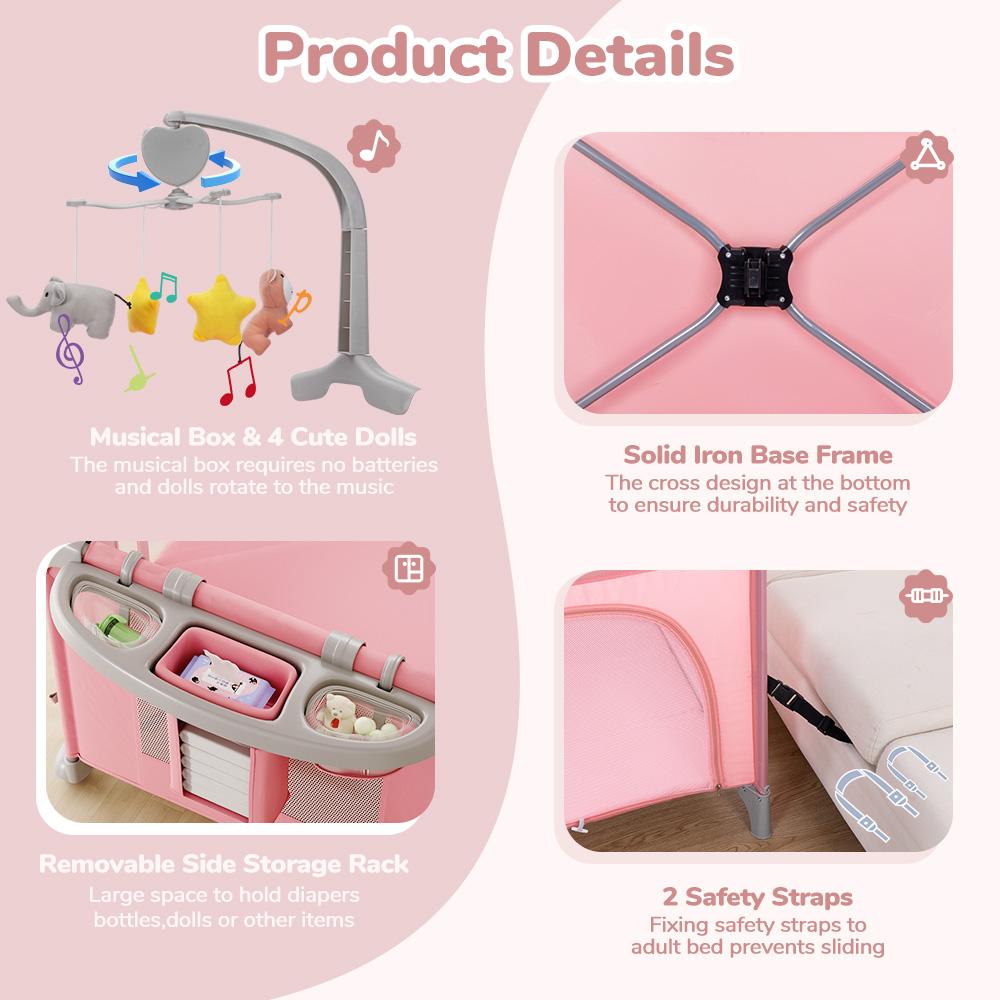 CAVEEN 5 in 1 Baby Playard, WIth Baby Bassinet, Portable Bedside Sleeper Baby Crib, with Removable Changing Station & Storage Organizer, Pink