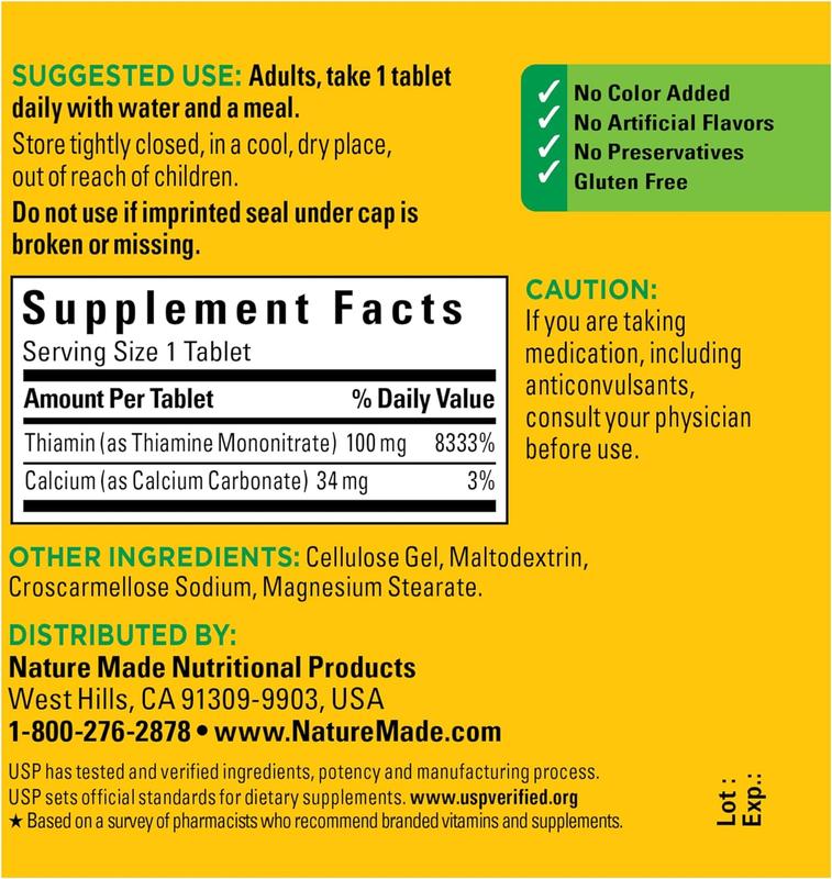 Nature Made Vitamin B1 100mg, Thiamine B1 Supplement for Energy Metabolism Support, 100 Tablets, 100 Day Supply