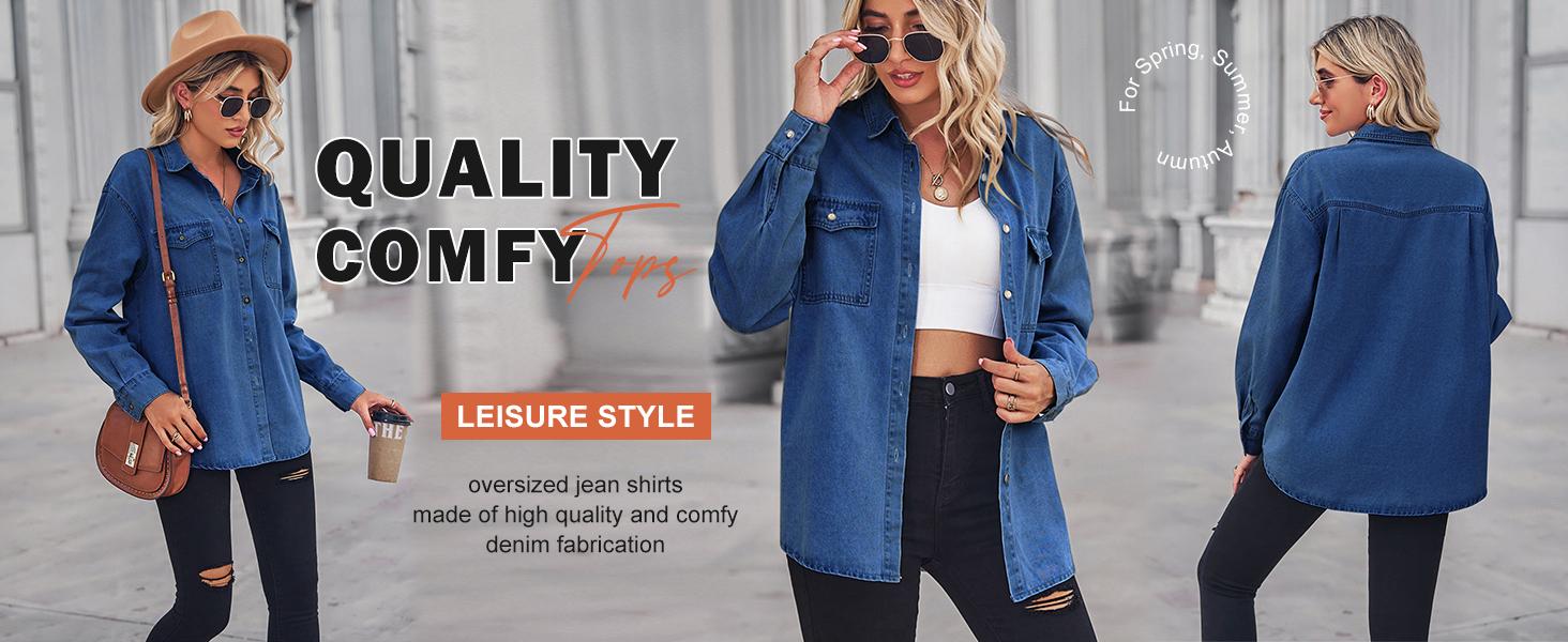 Ebossy Women's Spring Long Sleeve Denim Jean Shirts Button Down Shirt Business Casual Tops Blue Womenswear Ebossy Women's Spring Long Sleeve Denim Jean Shirts Button Down Shirt Business Casual Tops Blue Womenswear