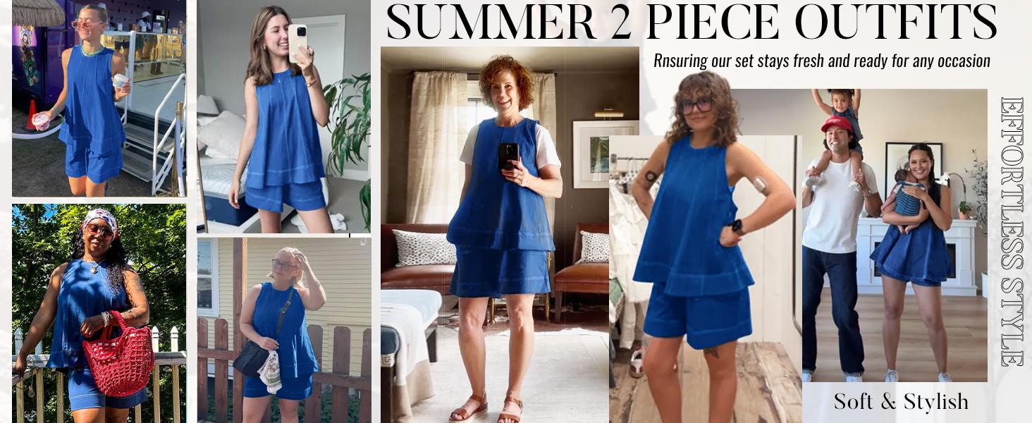 Yeokou Women's 2 Piece Outfits Sleeveless Matching Sets A Line Tank Tops Contrast Stitching High Waist Shorts with Pockets