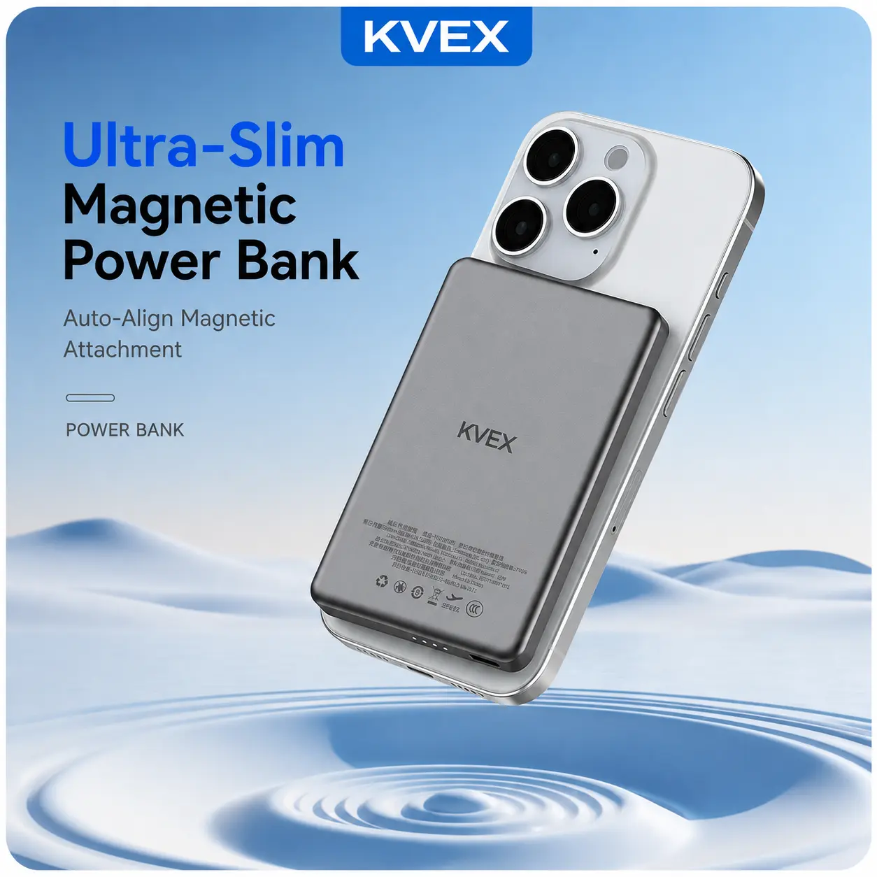 KVEX SLATE Series Magnetic Power Bank 5000mAh, 20W USB-C Fast Charging Portable Charger, 15W Wireless Magnetic Battery Pack, Dark Gray Phone Smartphone Compact Device