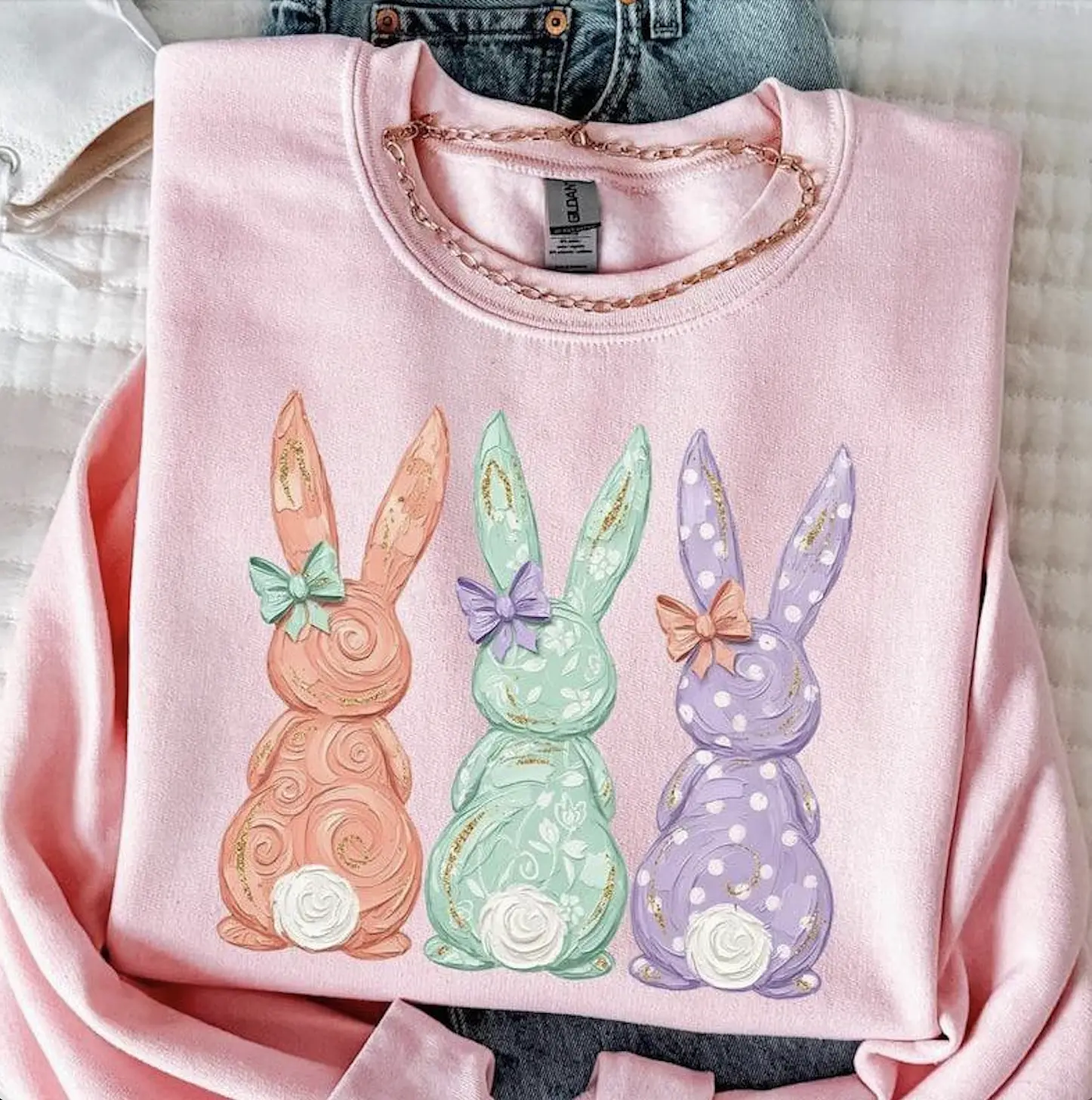 Easter bunnies sweatshirt, bunny and coquette bow Shirt Unisex, perfect spring sweater for women, Cute Gift For Her/him