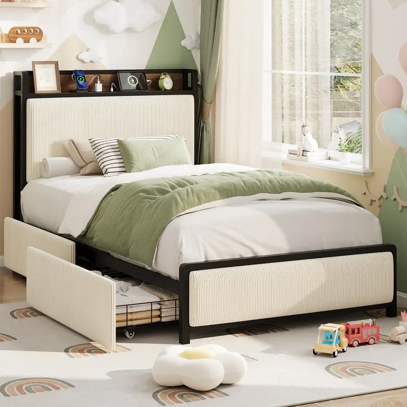 Twin Size Bed Frame with 2 Storage Drawers and Charging Station, Rustic Velvet Upholstered Platform Bedframe with Storage Headboard, Beige