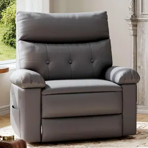 Grey Oversized Recliner Chair - PU Leather Manual Recliner for Adults, Lazy Chair with 1.5X Sponge Comfort Arm and Back for Living Room, Bedroom