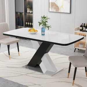 Modern Extendable Drop Leaf Dining Table for Small Spaces, 62.99" MDF Rectangular Kitchen Table with X-Shaped Metal Base, Space-Saving Design for Apartment, White & Black