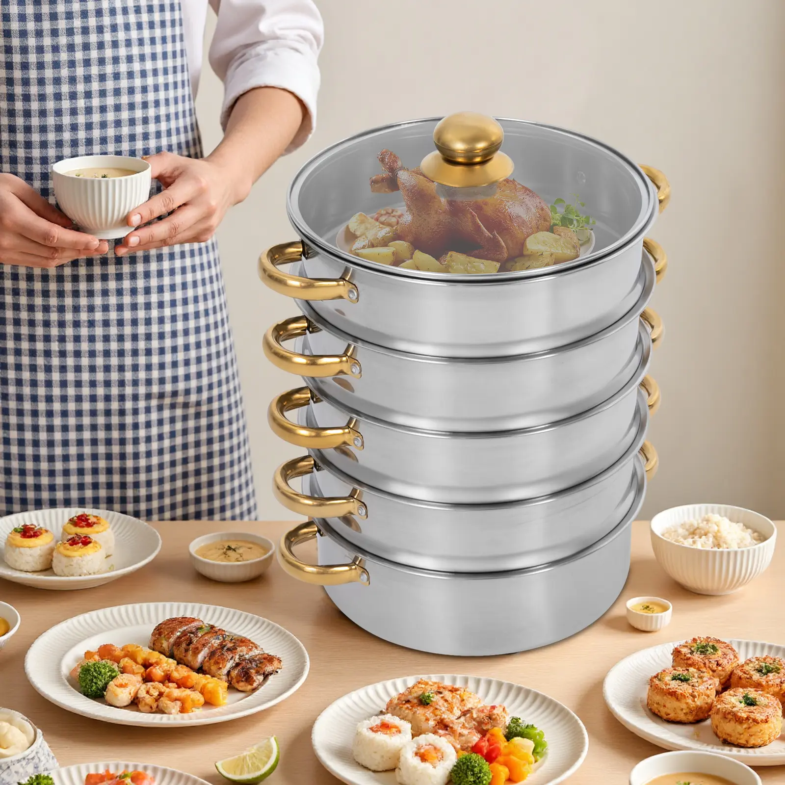 30cm 9L Round Shape Modern 5-Tier Stacking Multi-Tiered Stainless Steel Steamer Pot Cookware for Gas, Induction Stoves, Family Use