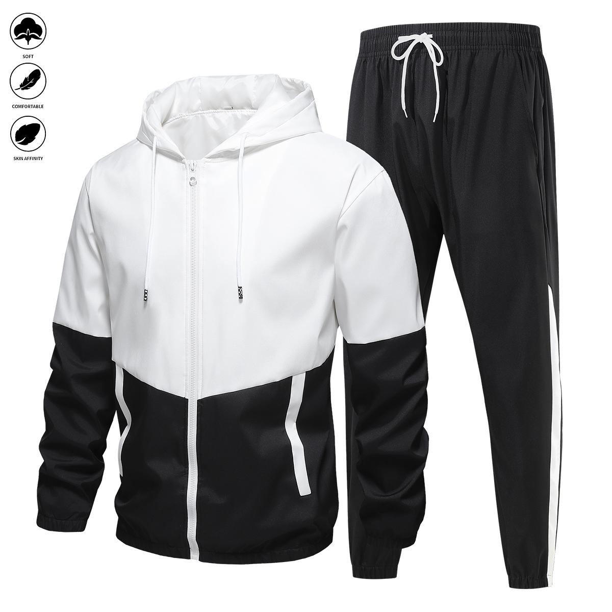 Men's and women's universal fashionable sports set, color-matched patchwork, drawstring, hooded jacket, comfortable and breathable sports pants, suitable for all seasons and great as an outdoor or festival gift.