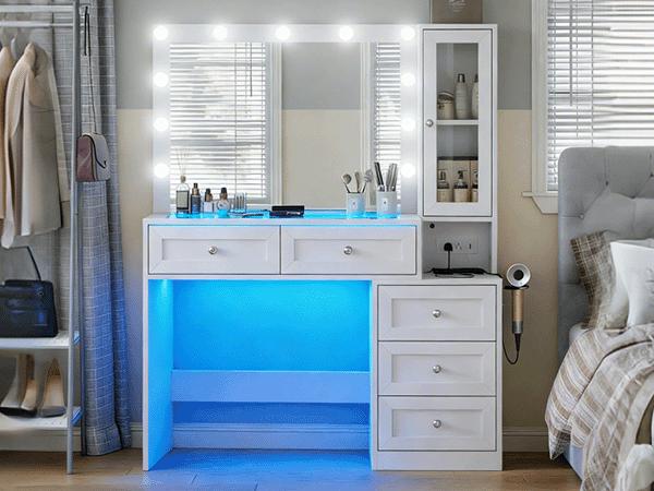 43" W Vanity Desk with Mirror & 11 Lights,Modern Makeup Desk with 5 Drawers,3 Lighting Modes Brightness Adjustable,Power Outlet,Bedroom. White Dresser