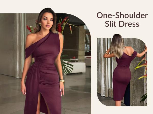 CurvySweet Women's Summer One Shoulder Bodycon Formal Evening Midi Dress with Ruffle Side Slit Hem for Cocktail Party Elegant Chic SpringStatements