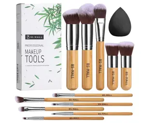 BS-MALL Makeup Brush Set 11Pcs Bamboo Synthetic Kabuki Brush Set Foundation Powder Blending Concealer Eye shadows Blush Cosmetics Brushes with Travel Organizer Bag & Makeup Sponge (Bamboo 11)