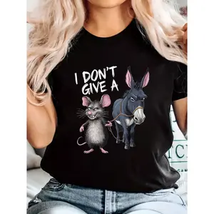 I Don't Give A Plus Size Men's Classic Cotton T-shirt Mouse & Donkey Illustration Creative Retro Loose Fit Short Sleeve Tee