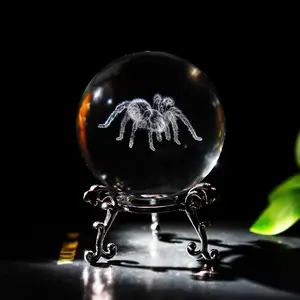 HDCRYSTALGIFTS 60mm 3D Spider Crystal Ball Halloween Decor with Stand 3D Laser Engraved Tarantula Animal Figurine Prop Decorative Glass Full Sphere Table Paperweight