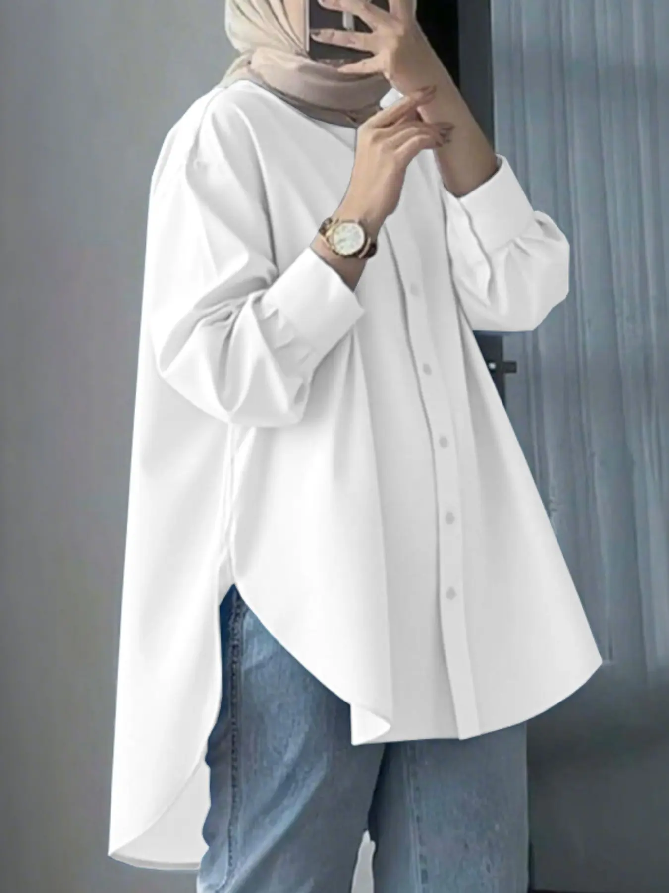 Women's Casual Fashion Loose-Fit Collared Blouse, Basic Button Front Long Sleeve Shirt, Asymmetrical Hem Design, Solid Color Top, Ideal for Daily Wear, Everyday, All-Season Wear