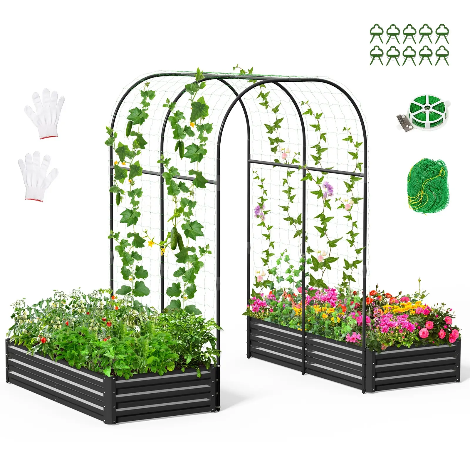 Lilypelle 3-in-1 DIY Rectangular Metal Raised Vertical Garden Bed with Arch Trellis Support, Weatherproof Heavy-Duty Wind-Resistant Planter Box with Netting, Open-Bottom Bed for Climbing Plants