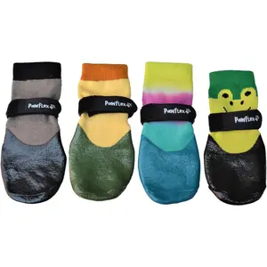 PawFlex Double Dipped Waterproof Dog Socks Comfy Pawz Soft Indoor/Outdoor Dog Booties with Rubberized Bottom| Non-Slip Silicone Grip at Inner Cuff for No Twisting or Sliding Off| Adjustable Strap (Colors: Grey, Tie dye, Custard & Green frog)