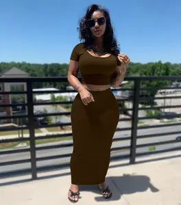 USBOUTIQUE CHIC Women's Stretchy Comfortable Two Piece Outfit Short Sleeve Crop Top & High Waist Bodycon Maxi Skirt Casual Everyday Curvy-Friendly