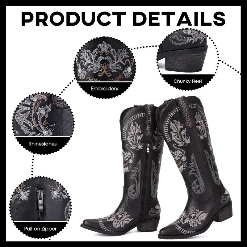 Cowboy Boots for Women - Knee High Western Cowgirl Boots with Sparkly Rhinestone Embroidered Pointed Toe Chunky Heel Pull on Zipper Fashion Vintage Tall Boots