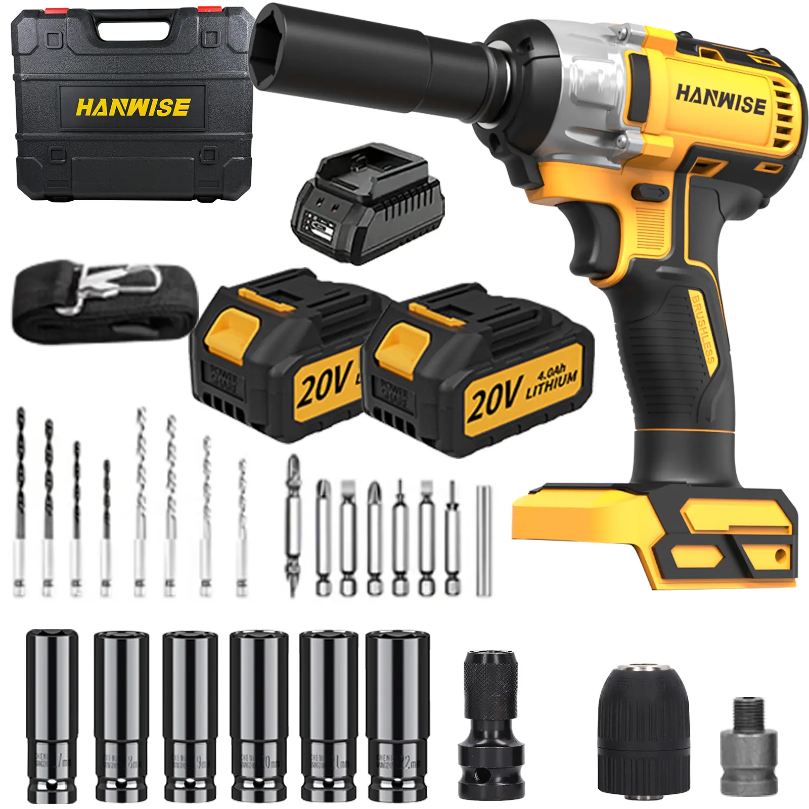 20V electric wrench, brushless impact wrench, equipped with multiple socket combinations, suitable for daily and work needs of automotive maintenance, bolt tightening and disassembly in construction and factory buildings.