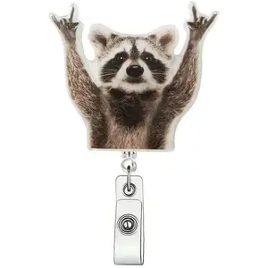 Funny Raccoon Badge Reel Retractable Acrylic Alligator Badge Clip Cute Badge Reel Holder Nurse Doctor Name Tag Badge Clip for Nurse Doctor Office Worker ID Card Decor