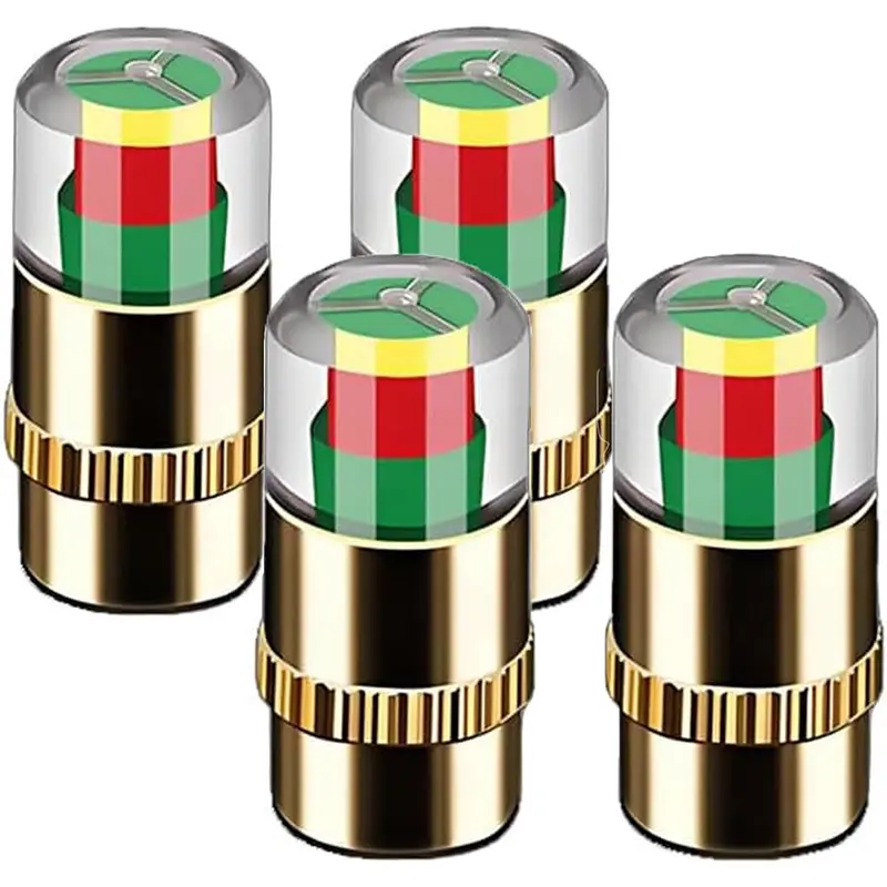 Car Tire Pressure Monitor Valve Cap Kit (4 or 8 Pcs) - Father's Day Gift, 2.4Bar/36 PSI Pressure Gauge Indicator, 3-Color Visual System, Chromed Metal Cap Cover, Fits Standard Valves, Most Cars/Trucks/Bikes & Moto, Prevents Under-Inflation Damage (Gold)