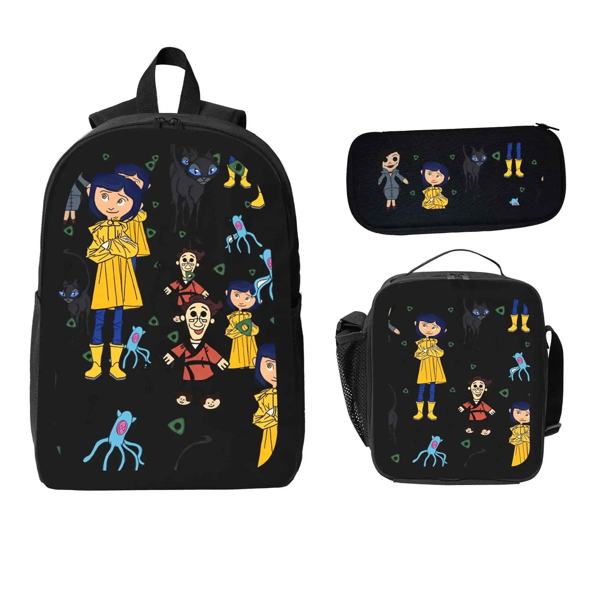 Animated Cora'lines Movie Child School Backpack with LunchBags ,Pencil Bags ,School Bags for Boys Girls Best Gift-A