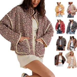 Women's Cropped Puffer Quilted Jacket Vintage Floral Print Open Front Lightweight Short Jacket Outerwear