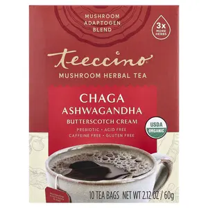 Teeccino Organic Mushroom Herbal Tea, Chaga Ashwagandha, Butterscotch Cream, Caffeine Free, 10 Tea Bags, 2.12 oz (60 g)