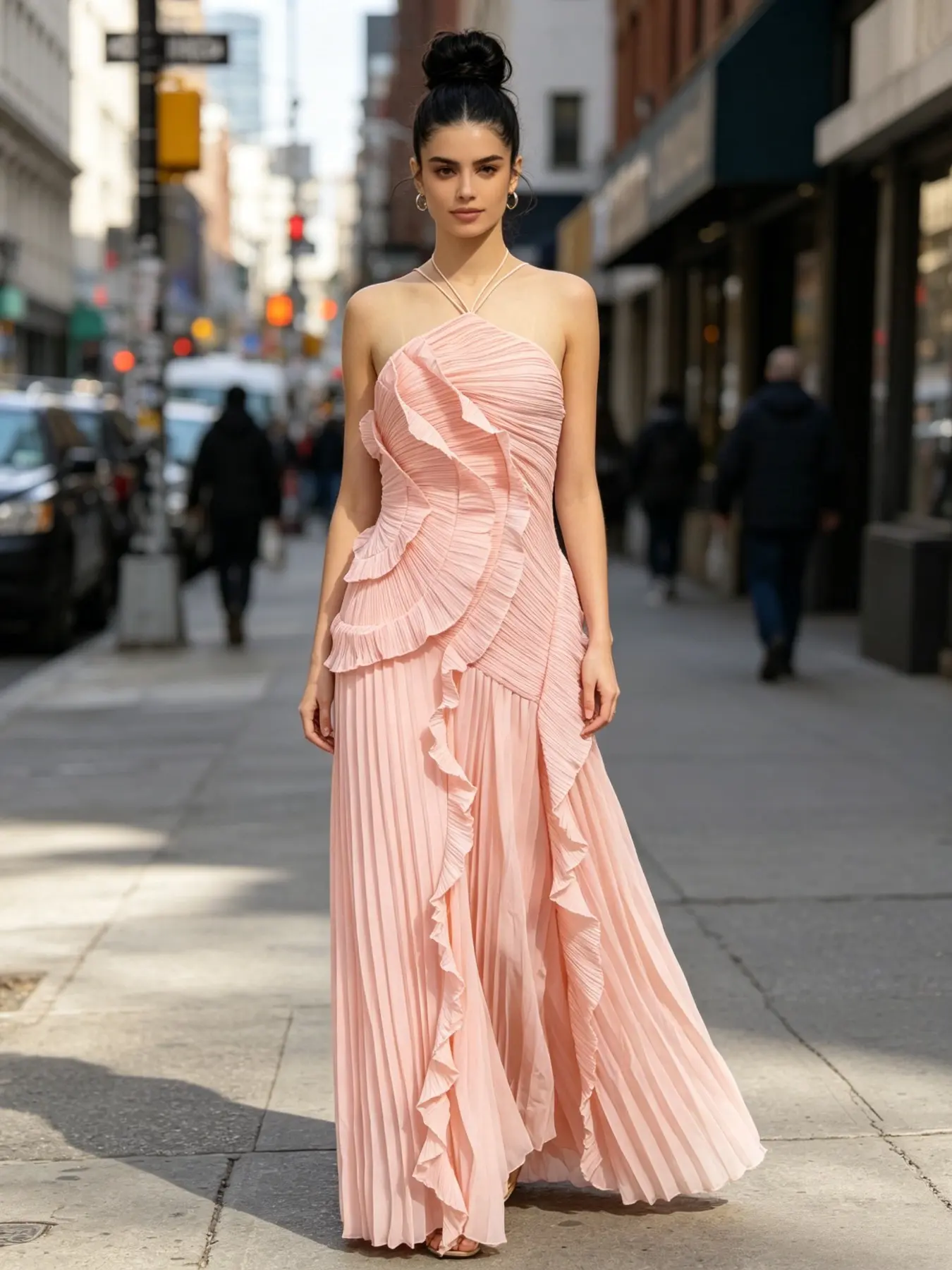 Ruffle Pleated Midi Dress, Elegant Fitted Design, All-Season Wear, Solid Color, Plain Surface, Lightweight Fabric