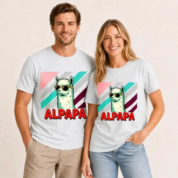 CARPESUN, Funny Retro Style, Couple T-Shirt, Cool Sunglasses Alpaca Graphic Print With Bold Text, Soft Cotton Blend Fabric, Unisex Matching Outfit For Father Daughter Or Partners, Casual Daily Wear, Single Piece Pack