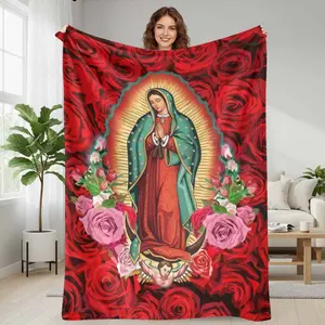Religious Virgin Mary Flannel Blanket Rose Pattern Spiritual Artwork Soft Warm Cozy Durable Decorative Throw Blanket for Bedroom Living Room Worship Space Gift Collection Home Decor
