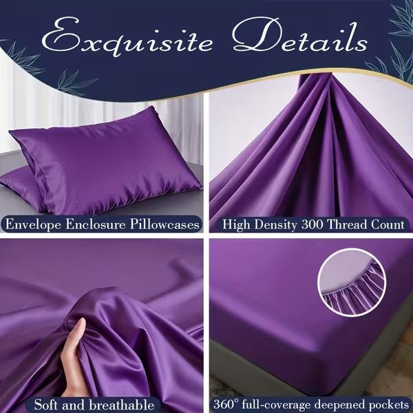 4pcs Bamboo Bed Sheet Set - Ultra Soft & Breathable Cooling Sheets, Deep Pocket Fitted Sheet (13.78-15.35inch), Shrink-Resistant & Wrinkle-Free, All-Season Luxury Bedding with Flat Sheet & Pillowcases - Elegant Modern Bedroom Decor in Deep Purple - Ideal