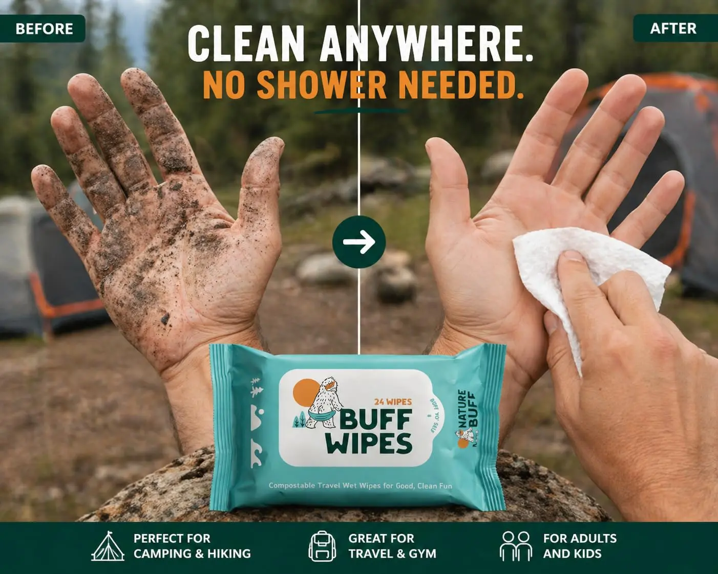 Buff Wipes Camping Wet Wipes 8 x 8 Inch Full Body & Hand Wipes, Biodegradable Unscented Outdoor Cleansing Wipes for Hiking, Backpacking, Camping Hygiene, Gym, Travel & No-Shower Cleanups, 24 Count