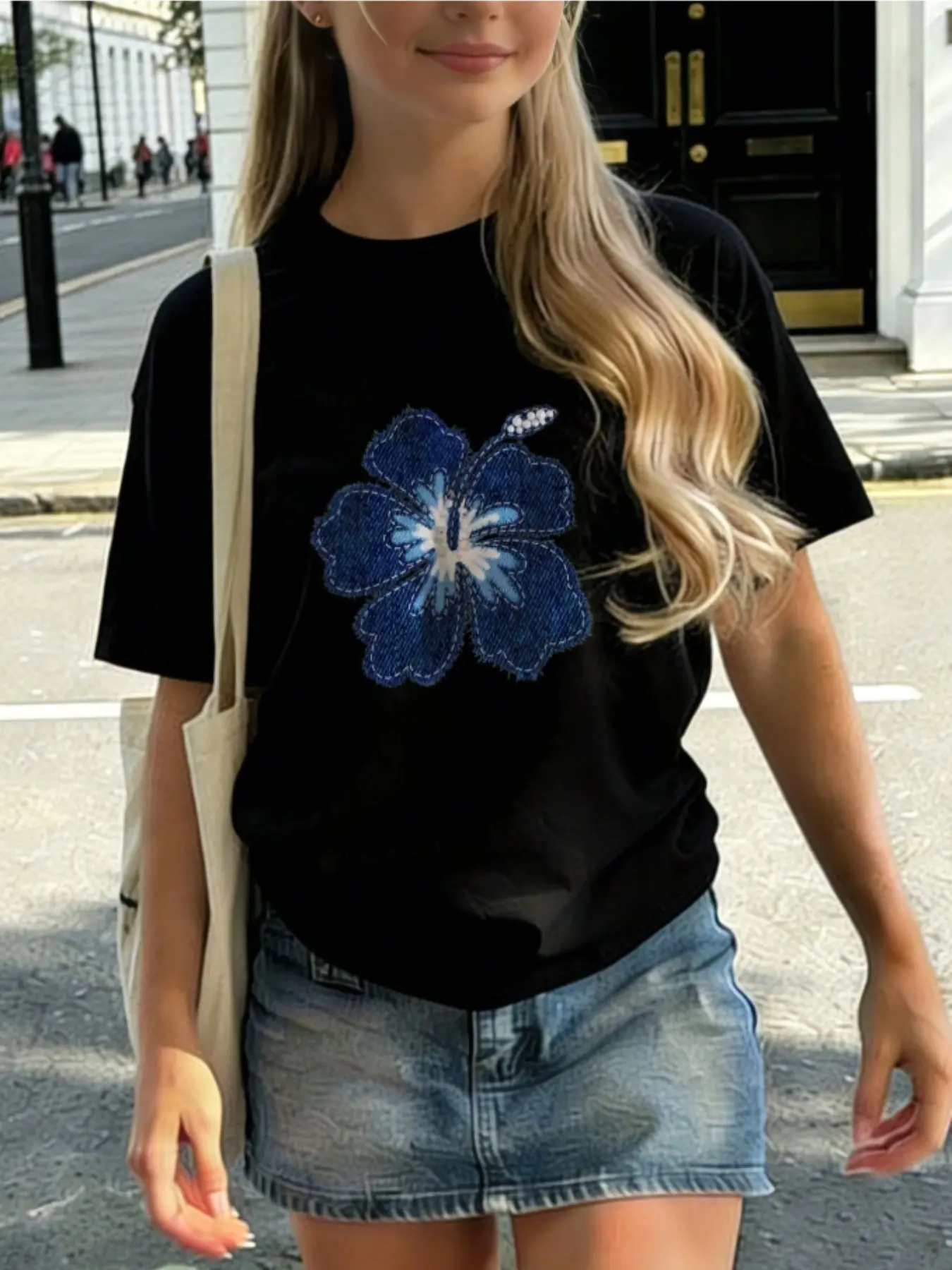 Teenage Girls Floral Print Short Sleeve T-Shirt, Casual Summer Top, Student & Teen Fashion, All Seasons Fitted Tee, Casual Tee Tops
