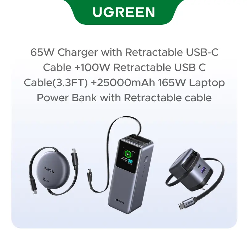 [LIVE ONLY]UGREEN Travel Essentials Bundle Universal Travel Adapter, 65W Charger with Retractable USB-C Cable,100W USB C Fast Charger, 100W Retractable USB C Cable,25000mAh 165W Laptop Power Bank with Retractable cable,25000mAh 200W Laptop Power Bank