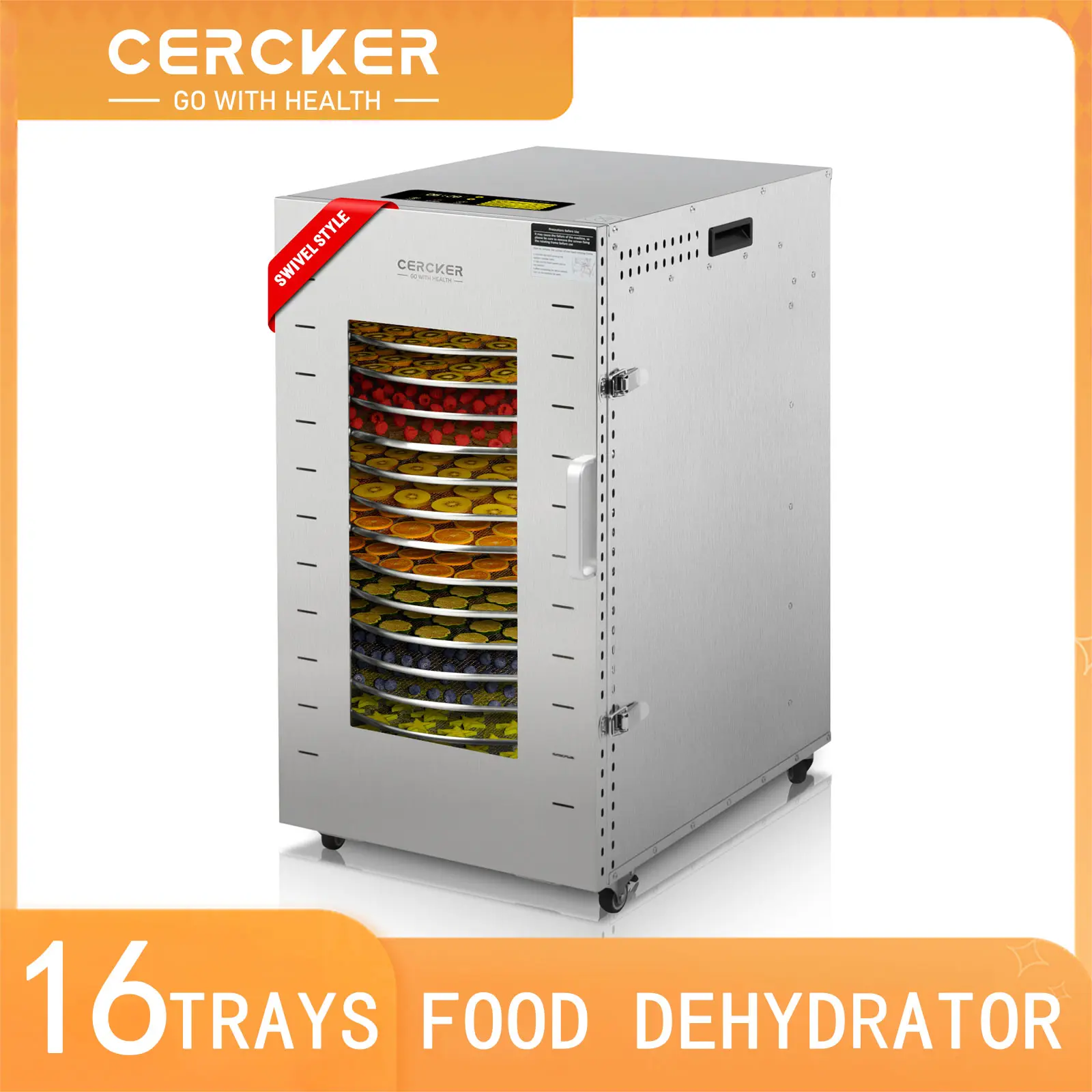 Cercker Commercial-Food Dehydrator - 360° Rotating 1500W Stainless Steel Kitchen Appliances, 16 Trays, 0.5-24h Timer, 23.58Ft² Capacity, 190°F Maker, Energy Efficiency, 21.25x16.53x31.5in, for Fruit, Herbs, Beef Jerky