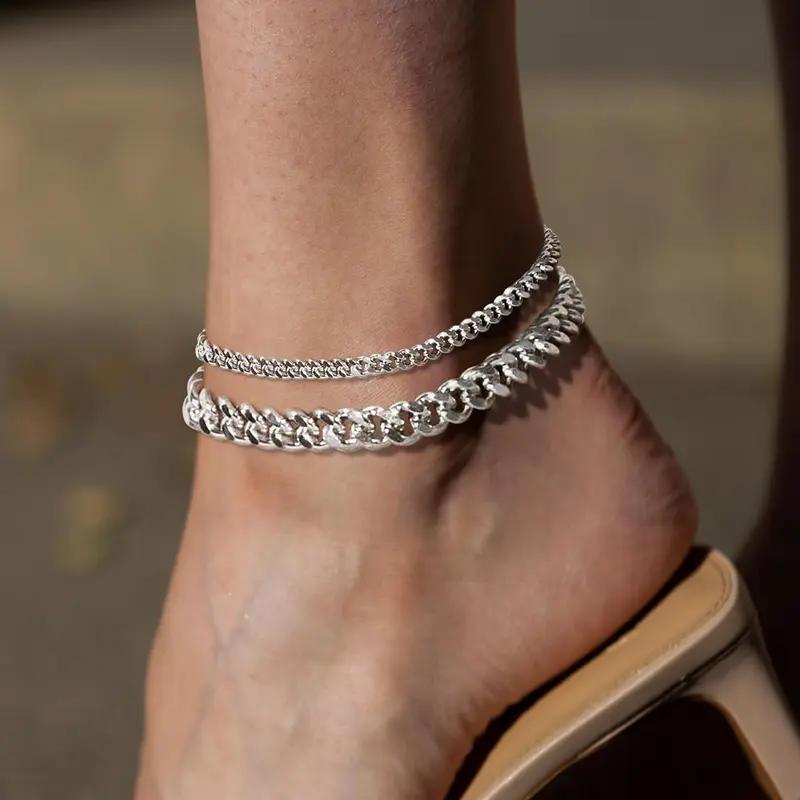 Women's Waterproof Chunky Cuban Link Anklet Set - Hypoallergenic Gold-Plated Copper, Nickel-Free Metal, Antitarnish Plated Silver Fashion Accessory for Halloween