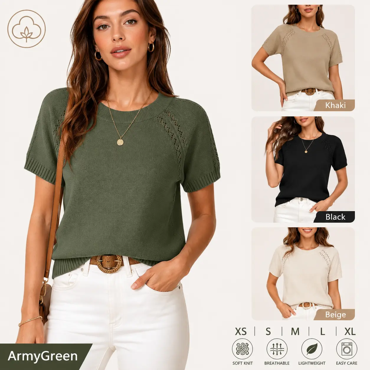 Yeokou Women's Crochet-Knitted Short-Sleeve Crew Neck Loose-Fit Pullover - Comfortable, Cozy, Soft Knitted Women's Tops for Summer Fall Fashion, Comfortable Women's Pullovers, Cozy Women's Pullovers,back to school,back to school shopping