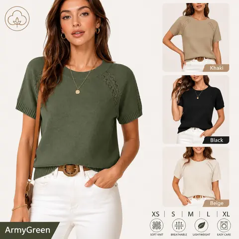 Yeokou Women's Crochet-Knitted Short-Sleeve Crew Neck Loose-Fit Pullover - Comfortable, Cozy, Soft Knitted Women's Tops for Summer Fall Fashion, Comfortable Women's Pullovers, Cozy Women's Pullovers,back to school,back to school shopping