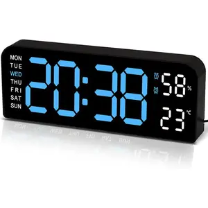 Digital Wall Clock: Large LED Display with Dual Alarm, Humidity, Auto-Dimming, Big Numbers Desk Clock Decor for Classroom Office Bedroom Seniors Blue