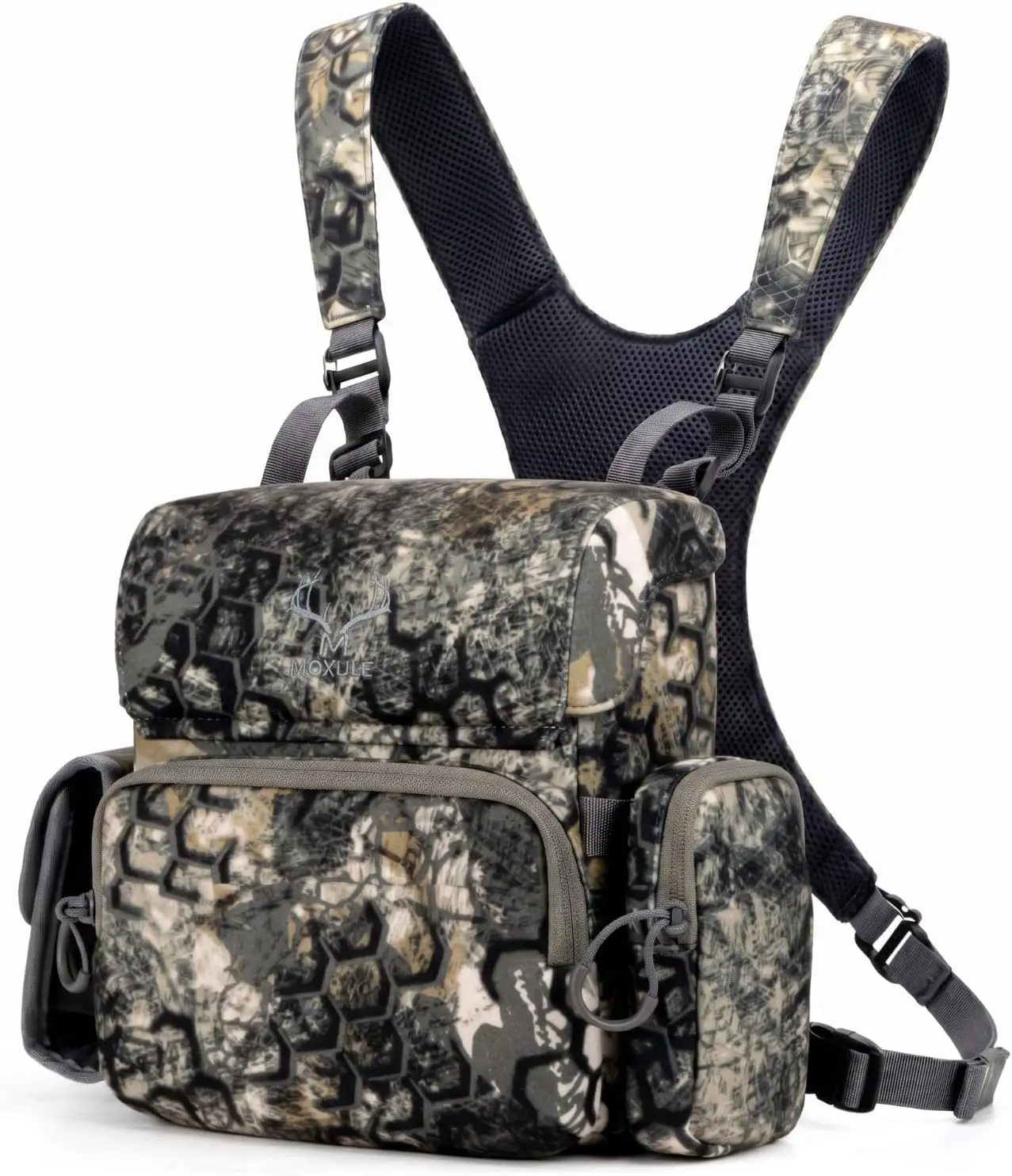 MOXULE XL Lightweight Polyester Outdoor Binocular Harness Chest Pack - Durable Storage with Magnetic Buckle, Breathable Mesh Straps, Velcro, Wide Cloth Panels, Multi-Pockets, Quiet Waterproof Design, Rain Cover, Fast Optics Access for Hunting, Travel, Cam