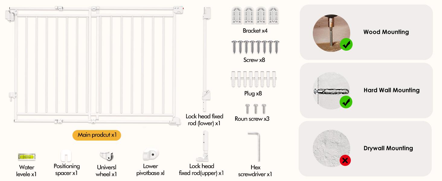 Baby Gate for Stairs Doorways & Kitchen, 26.4"-43" W x 29" H, No Bottom Bar Dog Gate, One-Handed Auto-Close, Hardware Mount Safety Gate for Dogs & Toddlers, Black