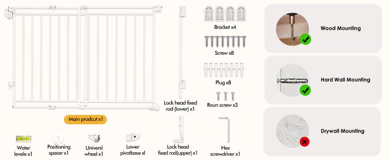 Baby Gate for Stairs Doorways & Kitchen, 26.4"-43" W x 29" H, No Bottom Bar Dog Gate, One-Handed Auto-Close, Hardware Mount Safety Gate for Dogs & Toddlers, Black