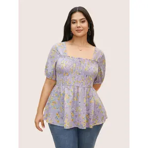 【Summer Turn-Up】【Neck-Lengthening】BlOOMCHIC Plus Size Floral Square Neck Shirred Frill Trim Blouse [1x-6x] 2026 Summer Pick for Mother's Day