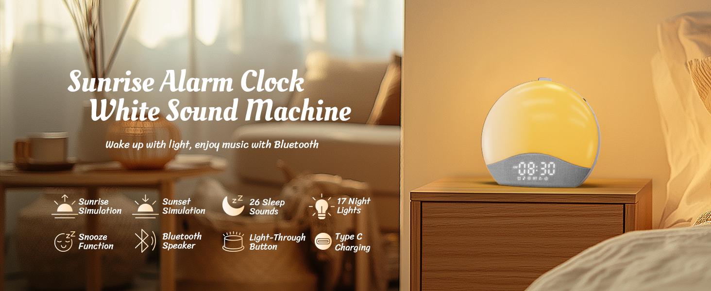 ecozy Sunrise Alarm Clock for Heavy Sleepers, Smart Wake Up Light Clock with Sunrise/Sunset Simulation Decor, 26 Soothing Sounds, White Noise Machine Night Light, Bluetooth Speaker Wake Up Light Clock for Bedroom, Adults, Kids
