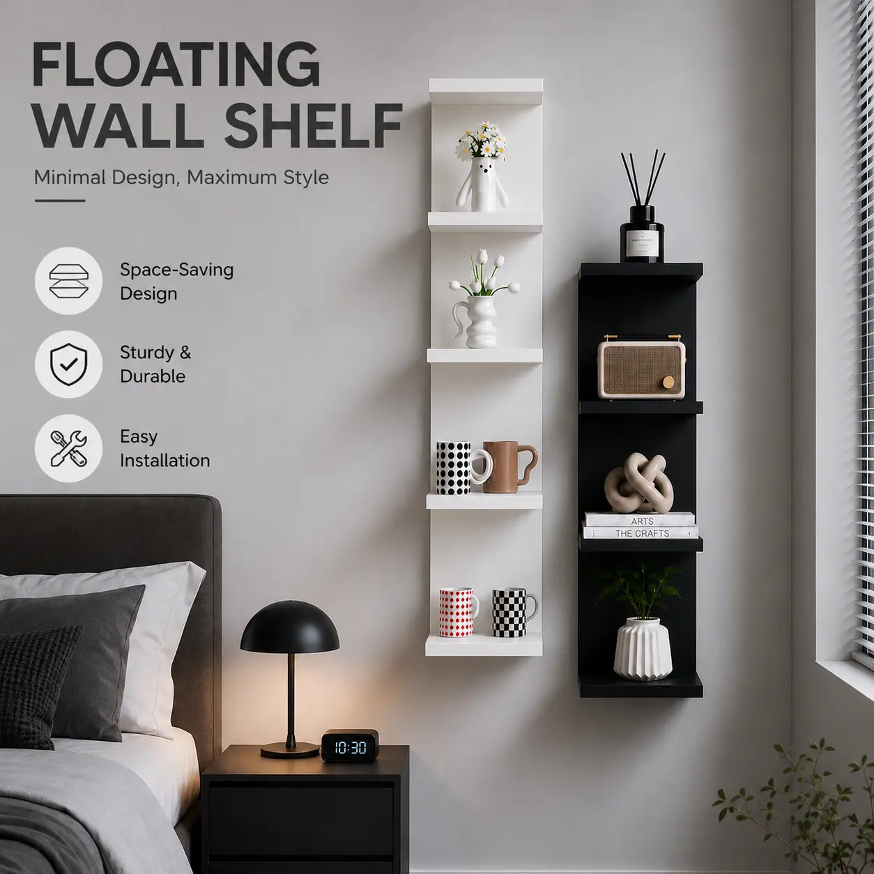 Minimalist Floating Wall Shelves 2-Pack - 4-Tier & 5-Tier Sturdy PVC Racks, Wall Mount Compatible, Nail Mount Included, for Books Storage, Plants & Small Decor (Bedroom, Living Room)