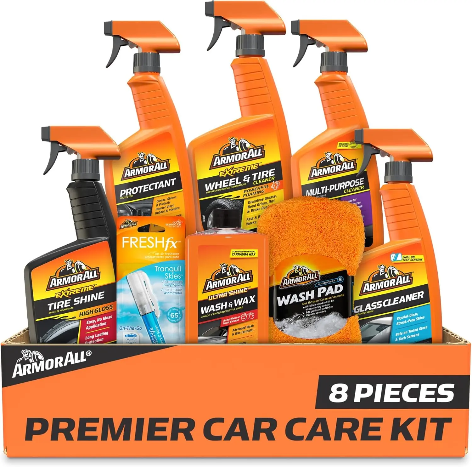 Armor All Premium Car Care Kit, Includes Extreme Tire Shine, Protectant, Multi-Purpose Cleaner, Car Wax & Wash Kit, Glass Cleaner, Car Air Freshener, Tire & Wheel Cleaner and Wash Pad, 8 Count, Car Cleaning Agent, Detailing