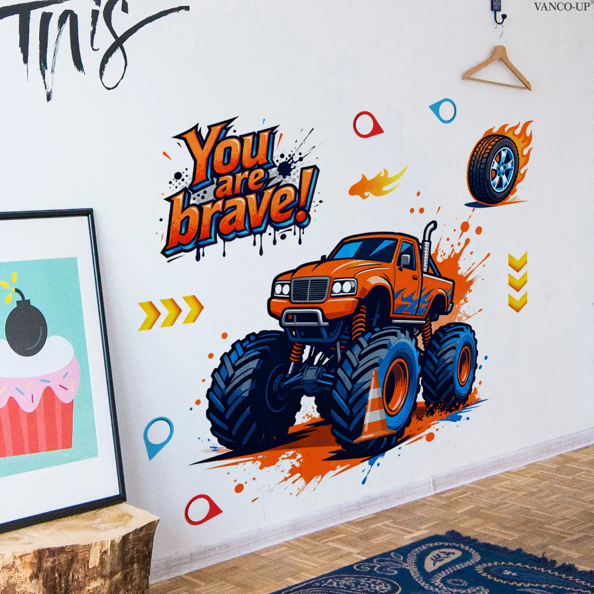 2Pcs/Set (3060cm2pcs) Graffiti Style Monster Truck Wall Stickers with Inspirational Slogan "You are brave!", Wall Decor Stickers for Boys Room & Game Room Decoration Sticker Decorative Stickers Wall Decorations