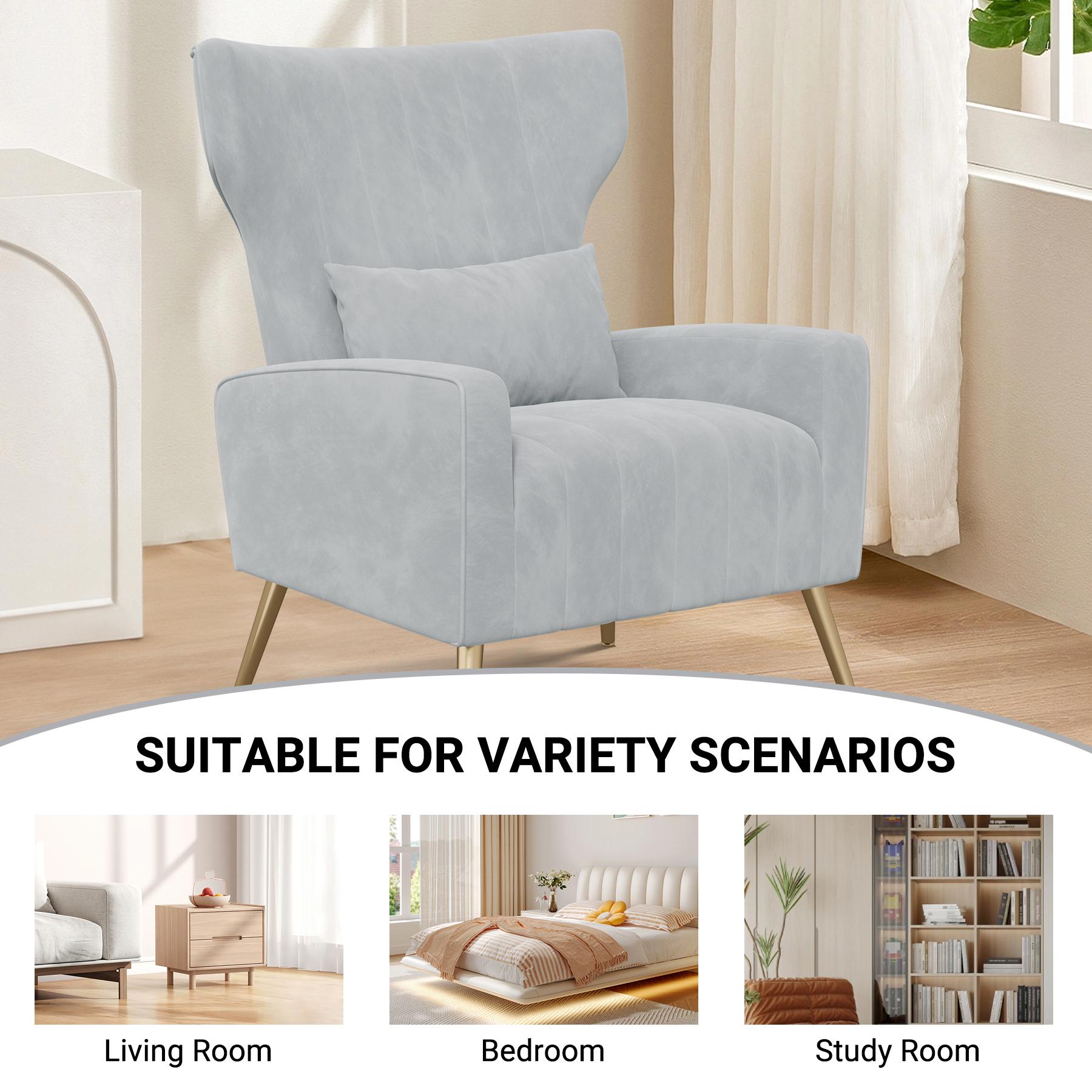 Mid Century Modern Armchair with High Back,Accent Chair,Velvet Fabric Upholstered Reading Comfy Sofa Club Chair with Metal Legs and Spring Support, for Living Room Bedroom,Orange