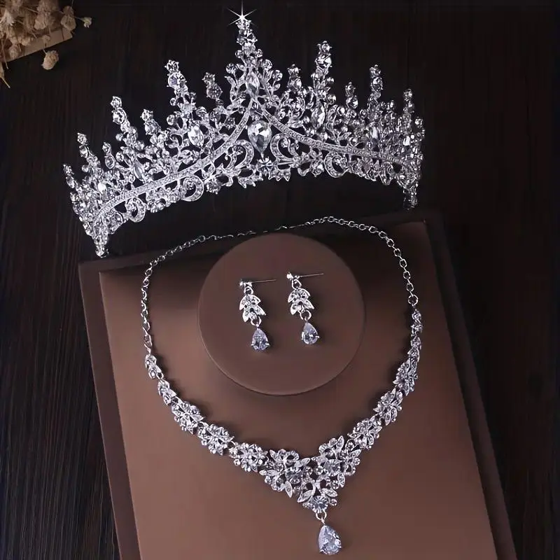 Classic Rhinestone Matching Jewelry Set for Women, 3-Pieces Costume Accessories with Crown and Necklace for a Bling Effect, Crown Jewelry Set, Classic Elegant, Alternative Jewelry Sets