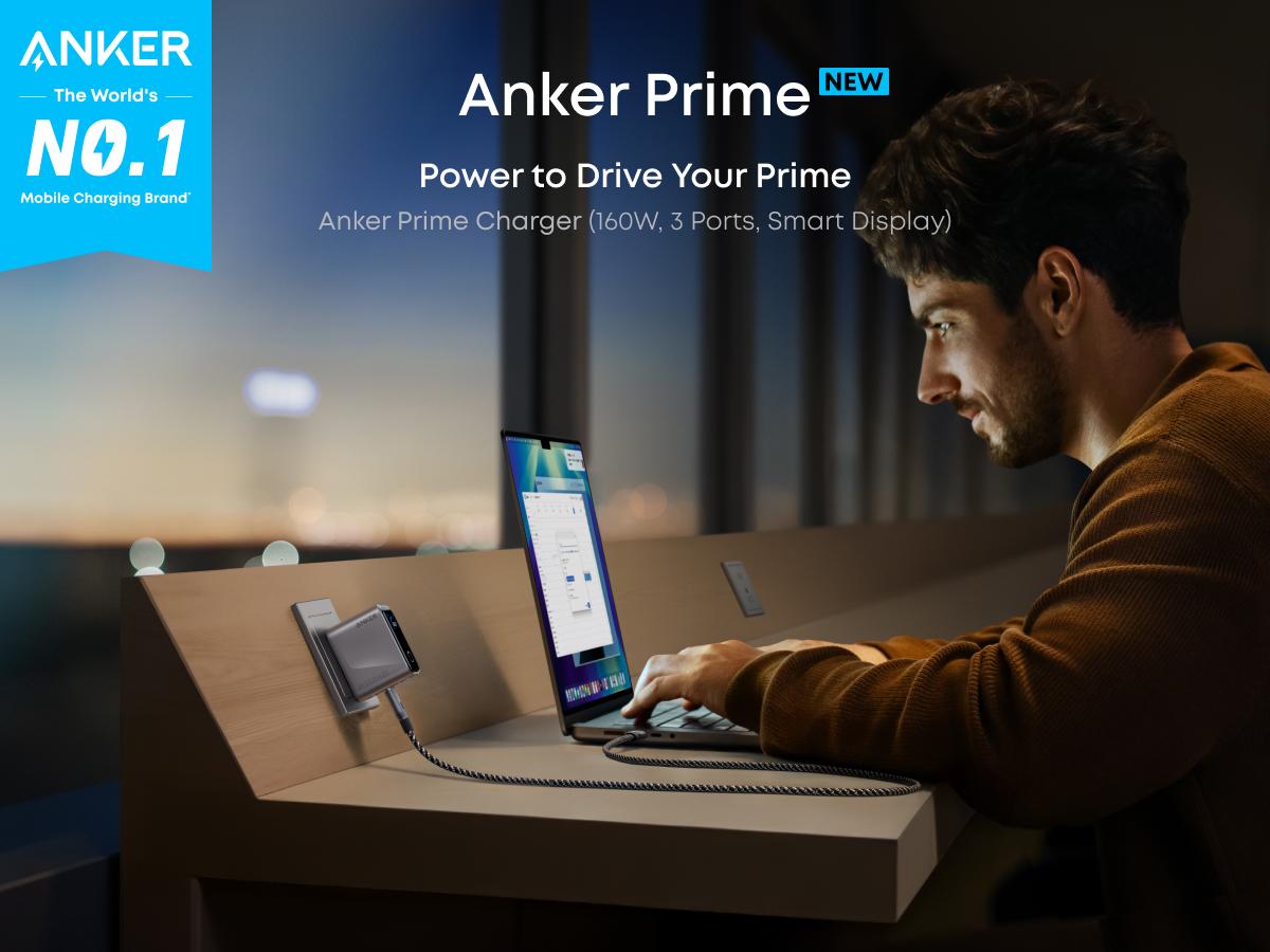 [Live Only]Anker Prime Charger, 160W 3-Port Compact USB C GaN Charger Block, Smart Display and Touch Control, 140W Max Charging via Any Single Port, for MacBook, Laptop, iPhone 17/16/15 Series, iPad, and More